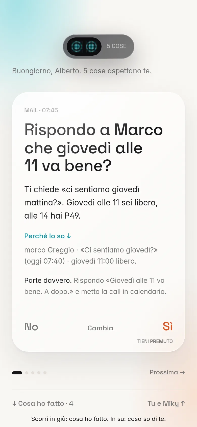 La stessa proposta con «Perché lo so» aperto: la mail di partenza, l'ora e l'impegno già in calendario.