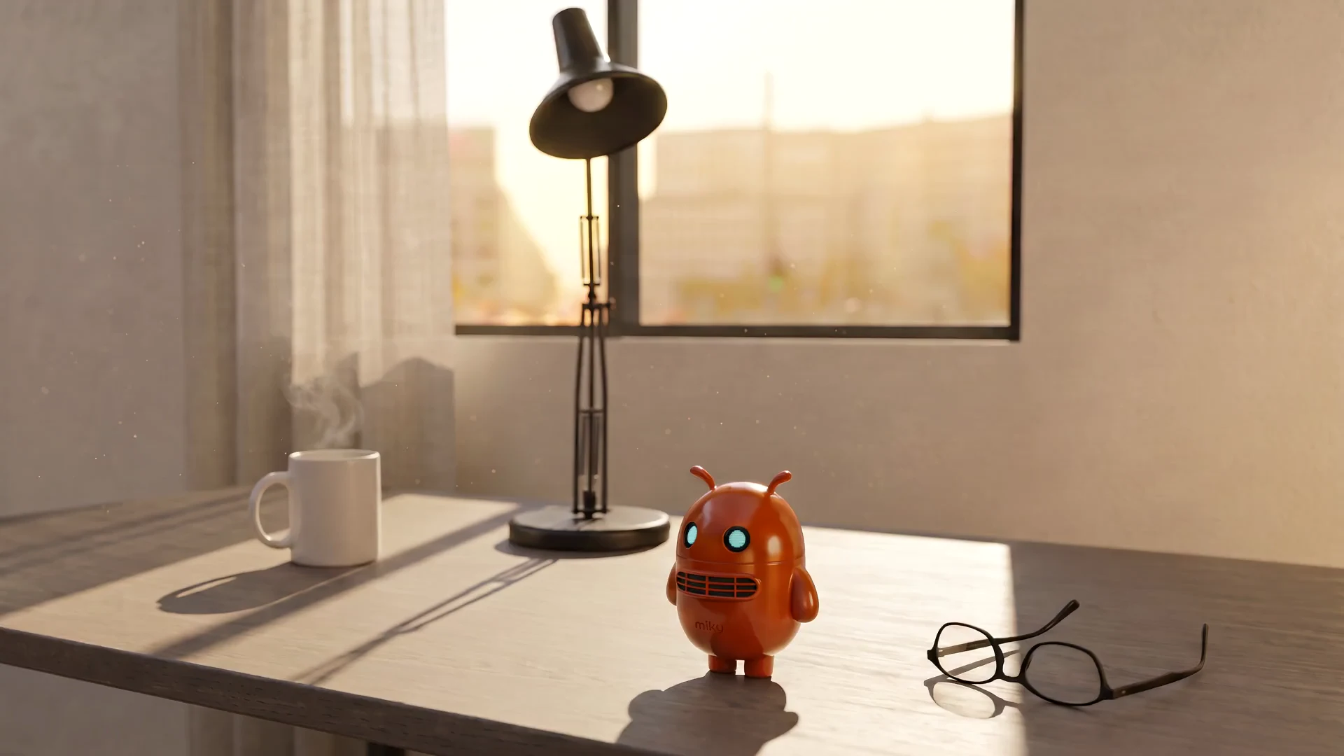 Render di Miky sulla scrivania nella luce del mattino, con una tazza e gli occhiali.